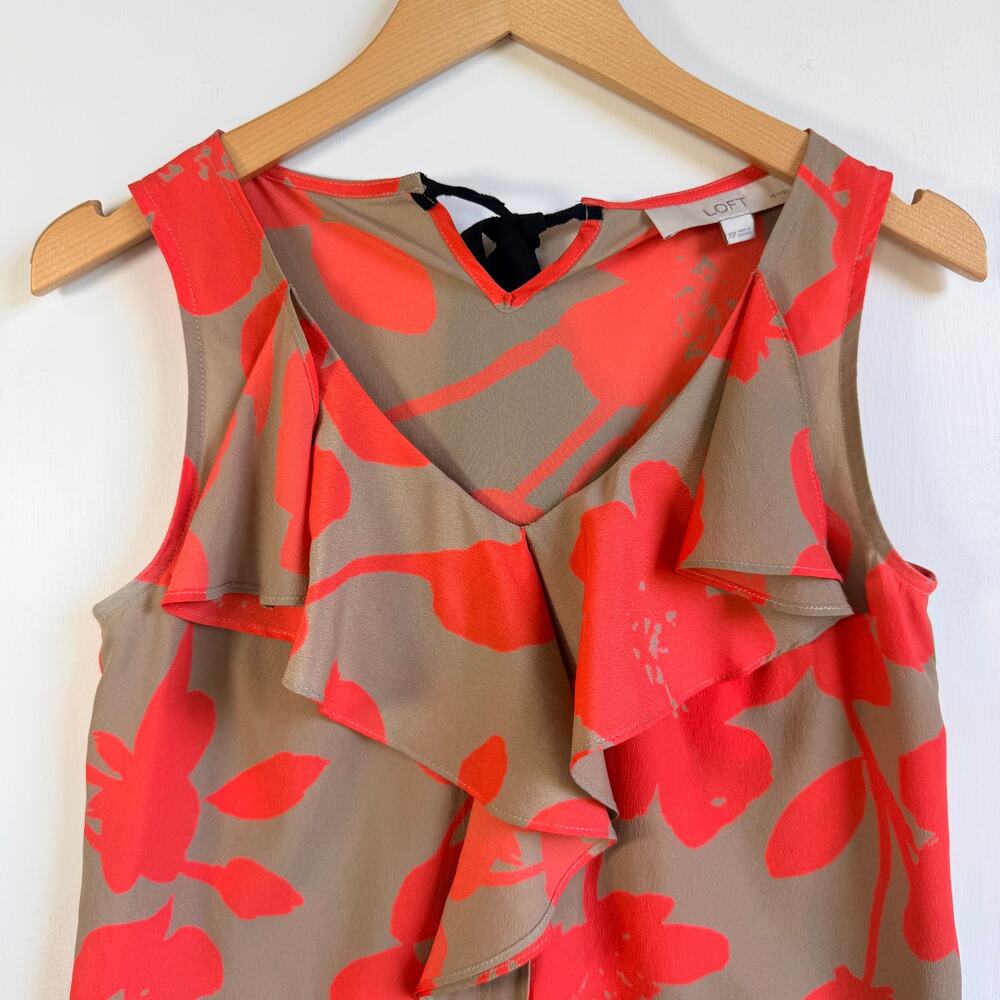 Loft XS Tan Orange Floral Ruffle V-Neck Sleeveless Office Casual Spring Blouse - Picture 5 of 10